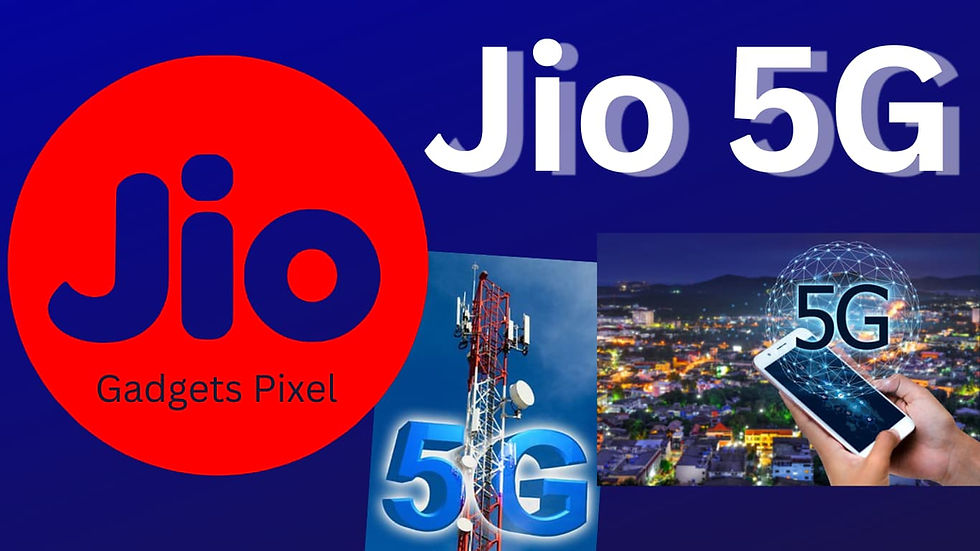 Jio 5G Recharge Plans List 2025,Jio 5G लोगो लाल नीली पृष्ठभूमि पर, सिग्नल टॉवर, स्मार्टफोन पर 5G नेटवर्क और बैकग्राउंड में शहर। टेक्स्ट: "Gadgets Pixel", "Jio 5G"।