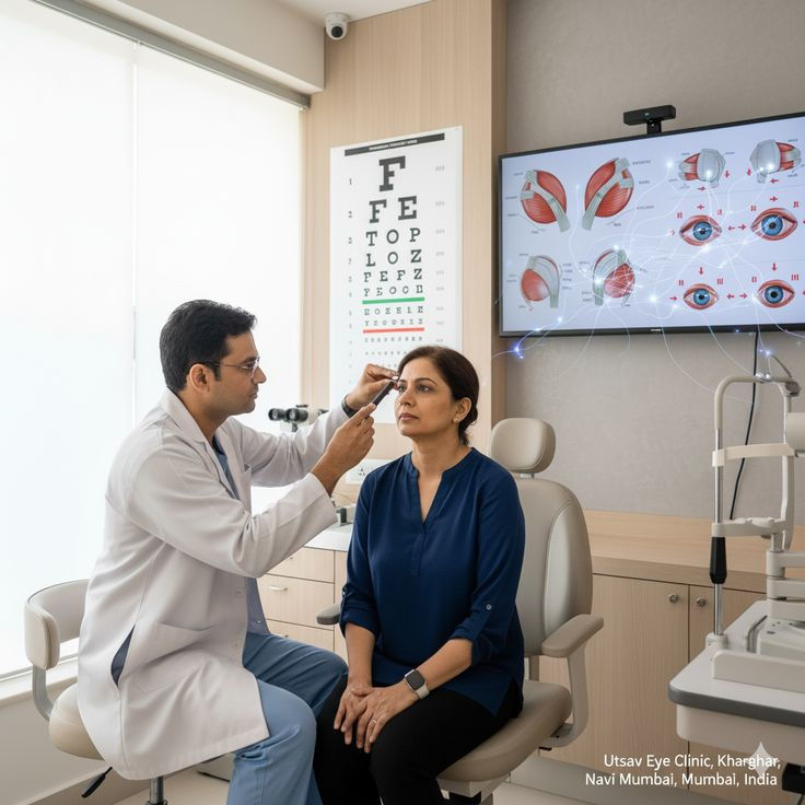 Doctor examines a woman’s eyes in a sanjeevan netralaya eye clinic, with an eye chart and anatomy screen in the background.