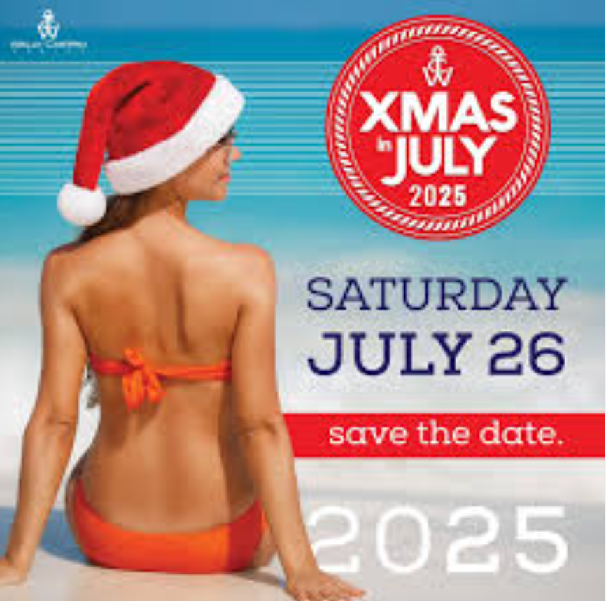 Woman in red bikini and Santa hat promoting Christmas in July 2025 event in the BVI