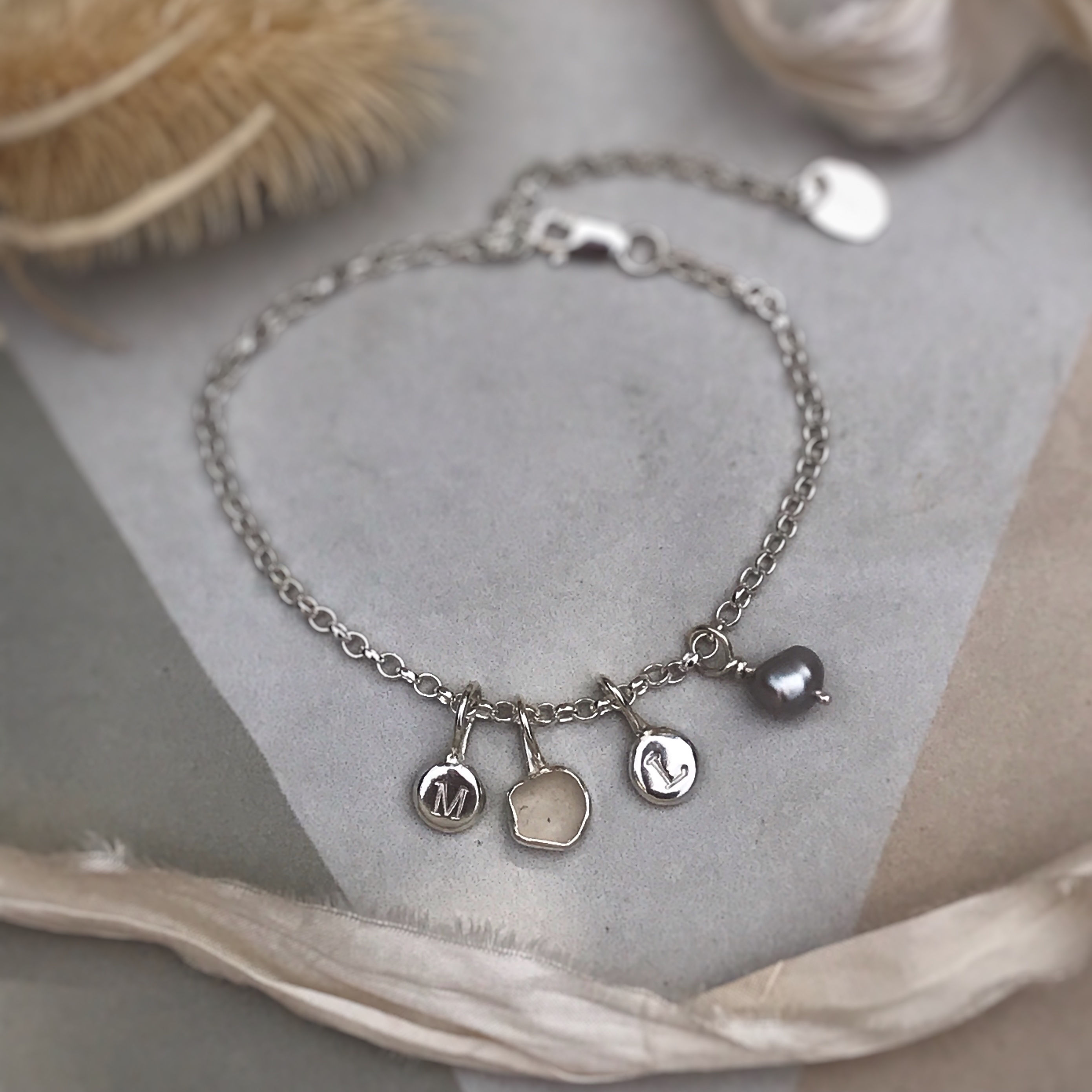 Personalised Charm Bracelet, Choose your own, Silver Pebbles, Sea glass, Pearls,