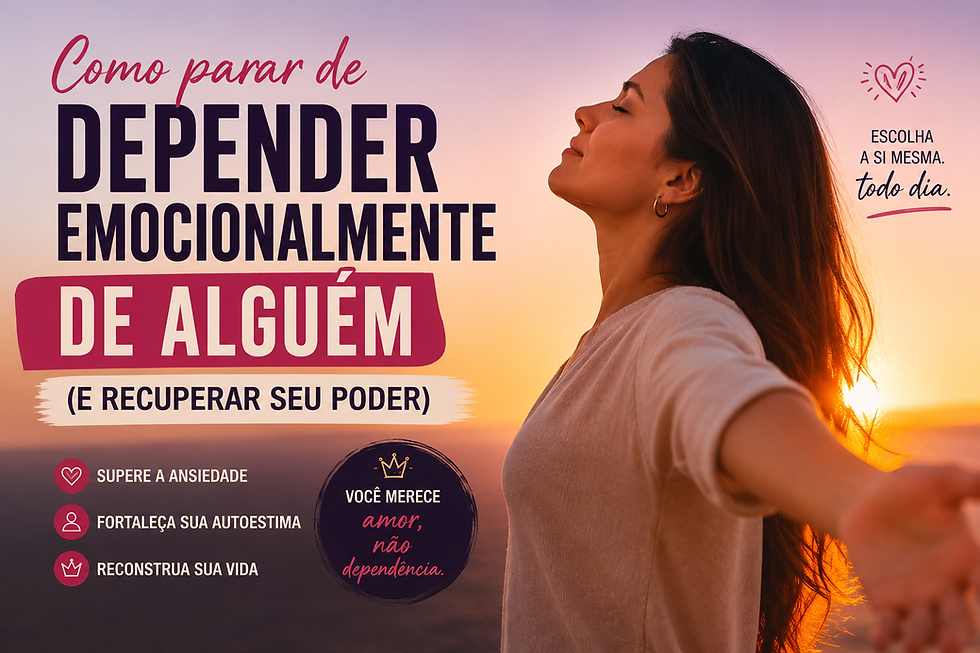 Mulher de braços abertos ao pôr do sol representando liberdade emocional e superação da dependência emocional, com expressão de paz e autoestima renovada.