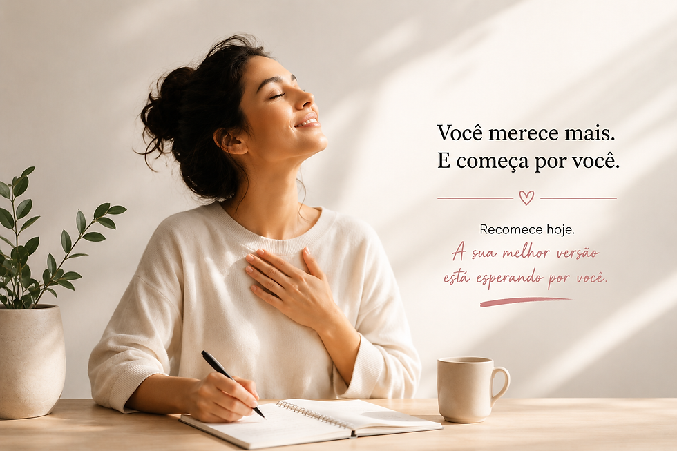Mulher sorridente escreve em caderno, mão no peito. Ao lado, vaso de planta e caneca. Texto ao fundo: "Você merece mais. E começa por você." um recomeço de autoestima
