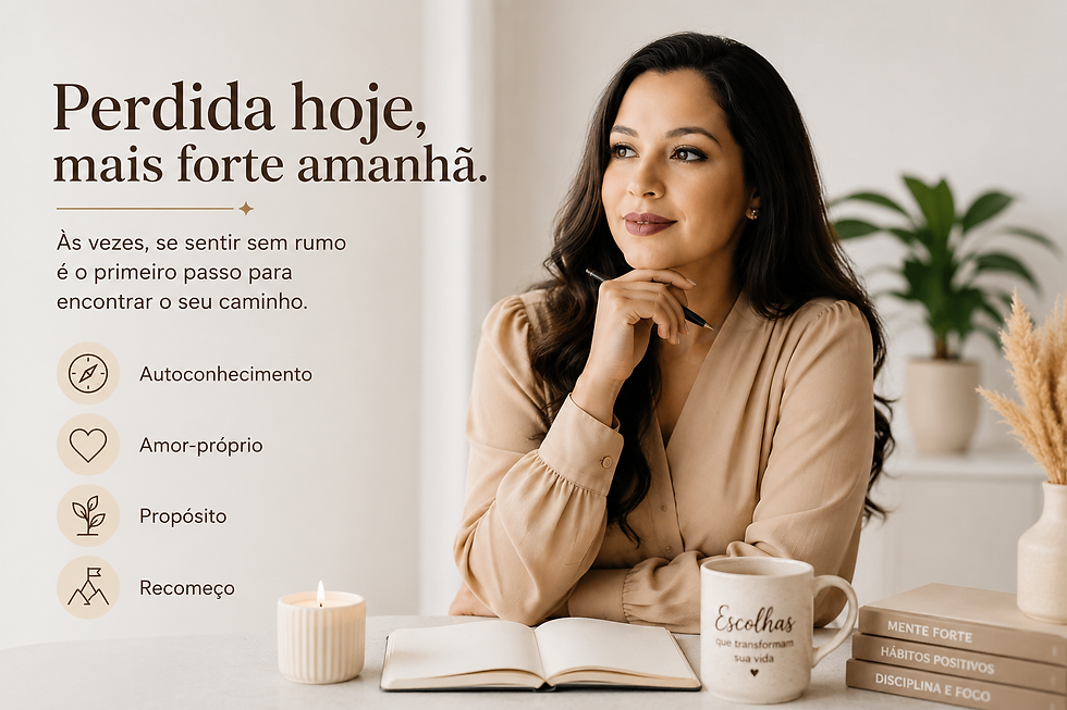 Mulher segurando caneta e olhando pensativa. Texto motivacional ao lado. Na mesa, caneca, vela e cadernos. Ambiente calmo e acolhedor.