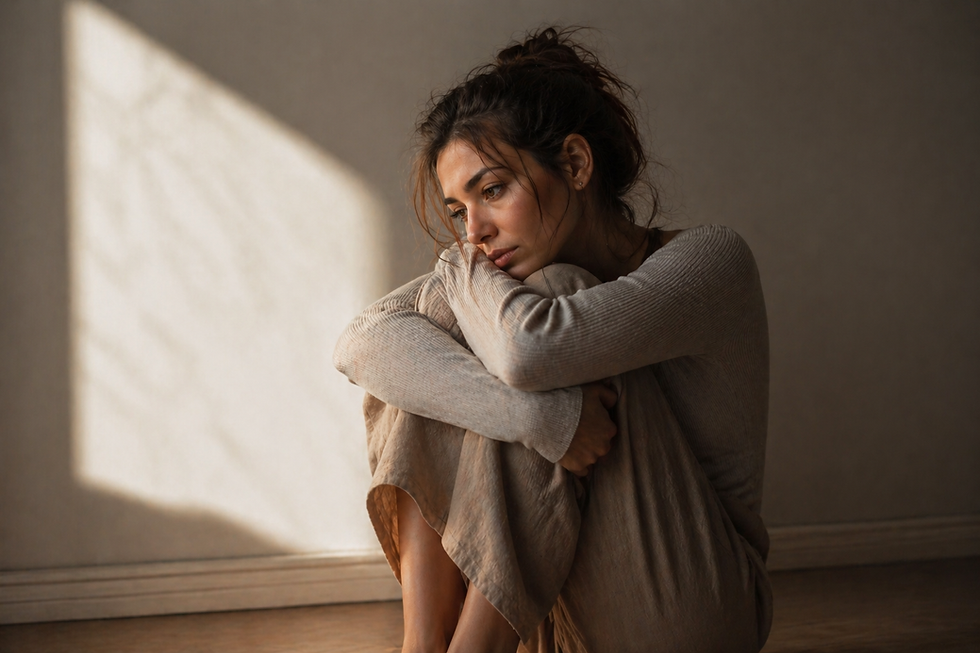 Mulher sentada no chão, abraçando os joelhos, com expressão pensativa. Paredes neutras, luz suave entrando pela janela. Mood introspectivo.