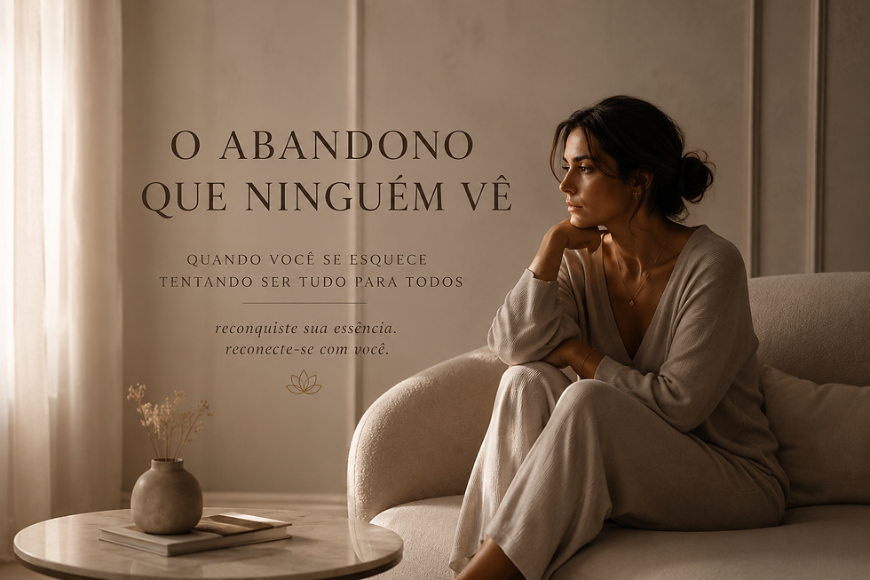 Mulher sentada em sofá bege, pensativa. Texto em fundo bege diz "O abandono que ninguém vê". Luz suave e decor minimalista.