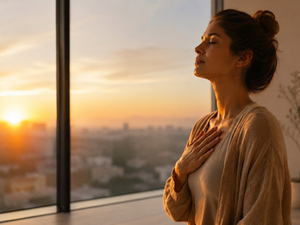 Mulher em momento de paz interior olhando a luz da janela, representando superação da dependência emocional, autoestima feminina, amor próprio, cura emocional e recomeço pessoal.