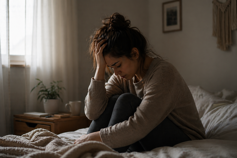 Mulher sentada na cama, mão na cabeça, expressão de preocupação. Quarto com luz suave, planta e xícara na mesa de cabeceira. Tom aconchegante.