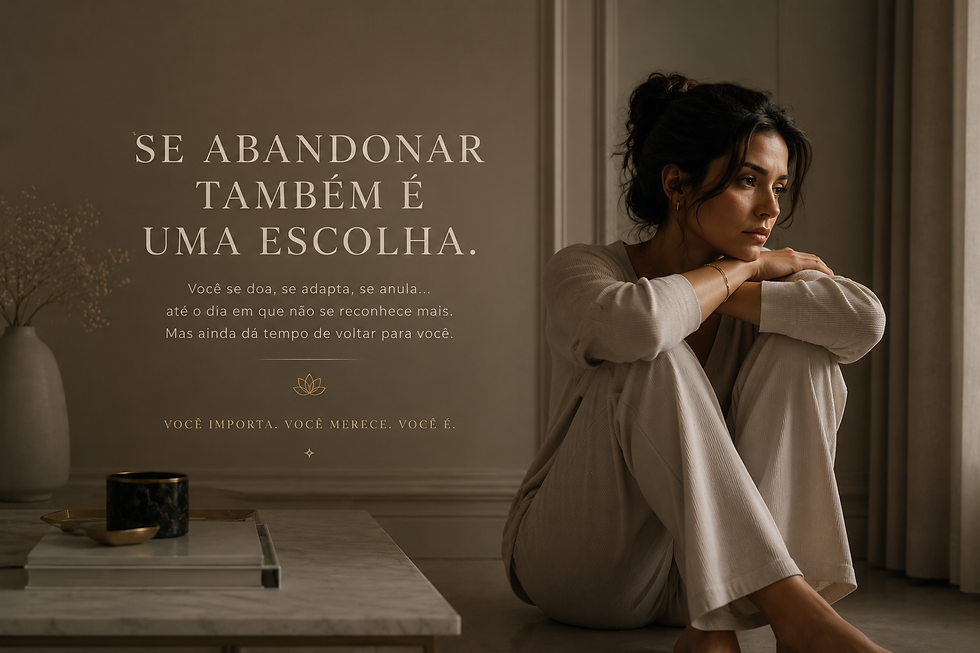 Mulher pensativa sentada em ambiente neutro com vaso à esquerda. Texto inspira autocuidado: "Se abandonar também é uma escolha."