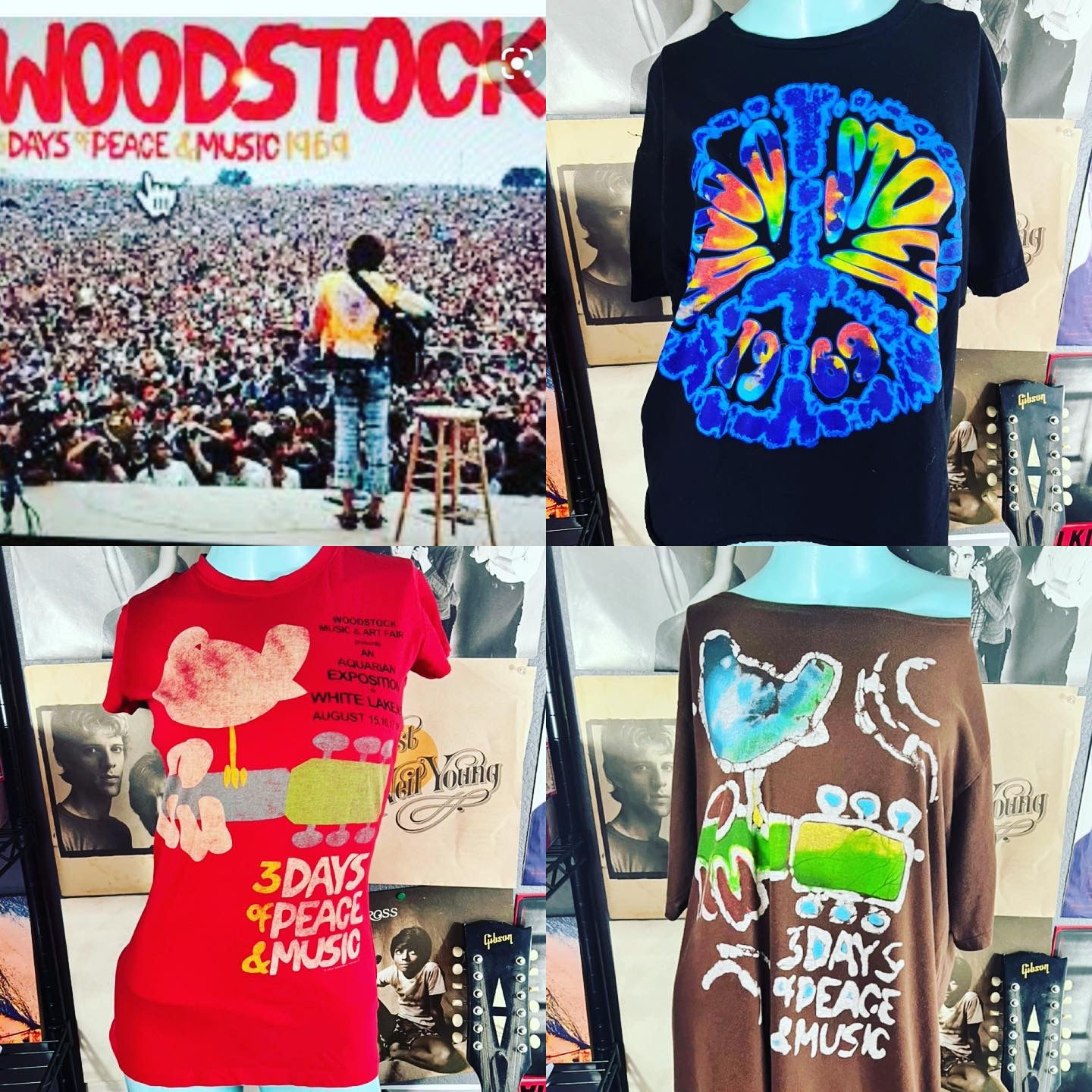 GROOVY WOODSTOCK LOT OF 3 SHIRTS & NIGHTGOWN Size: WOODSTOCK BLACK PEACE SHIR