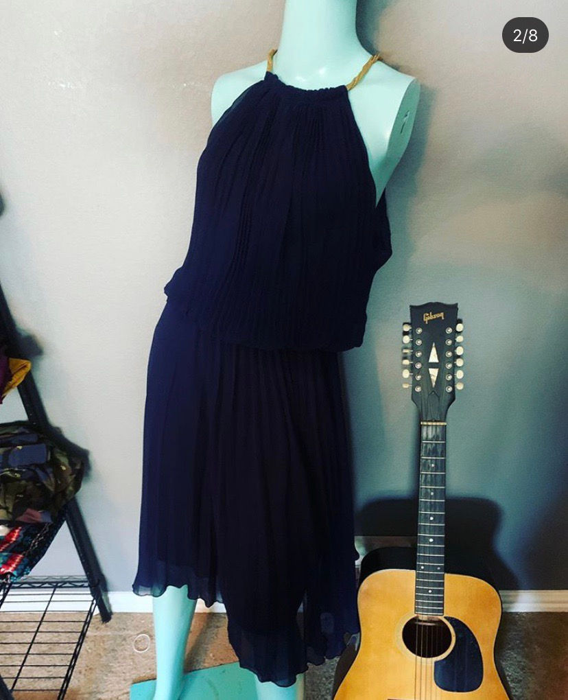 Thumbnail: Conqueta International Navy Ornate Neck Chiffon Halter Dress Size Large