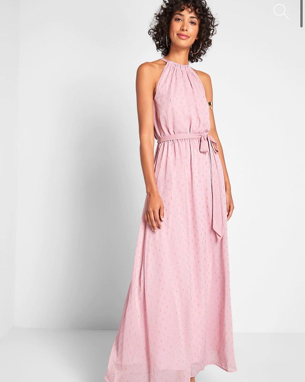 Thumbnail: NWT MODCLOTH Blush pink CHIFFON LAYERED MAXI HALTER DRESS  SIZE:  Large  See mea