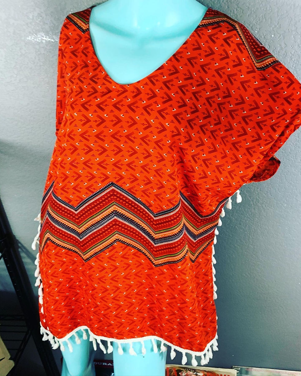 Thumbnail: Love and Beach Aztec Tribal Boho Cover-Up Size: small  Chest: 22 inches length: 