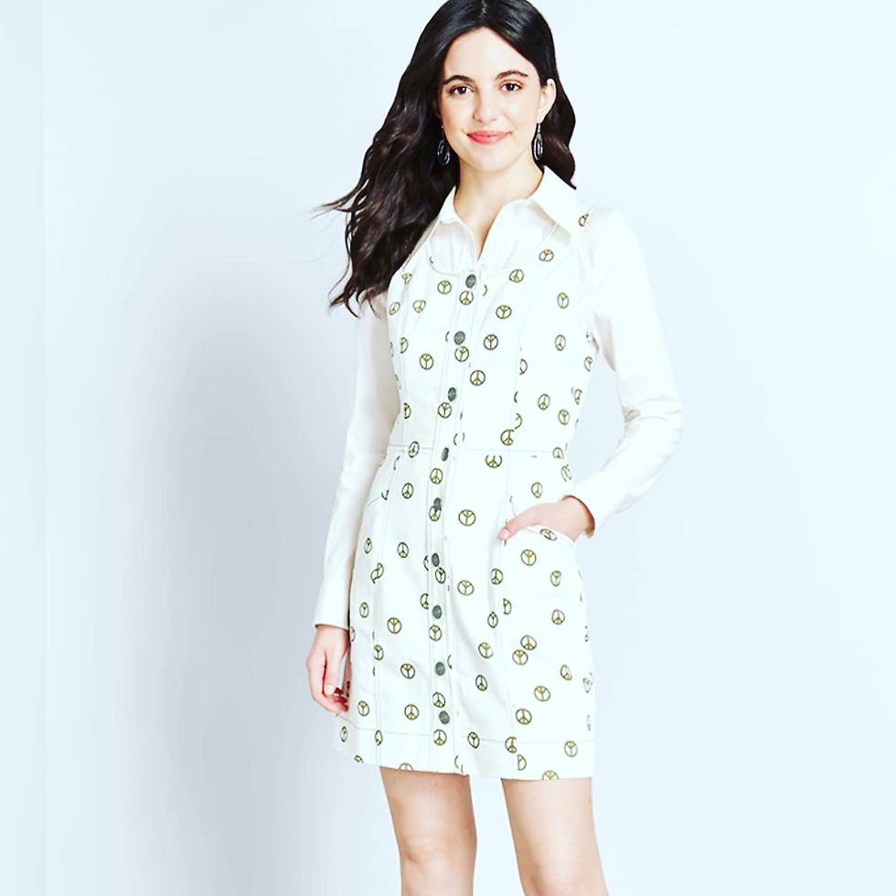 Thumbnail: NWT MODCLOTH PEACE SIGN HIPPIE DENIM DRESS  Size: 12 (see chart) White with oliv