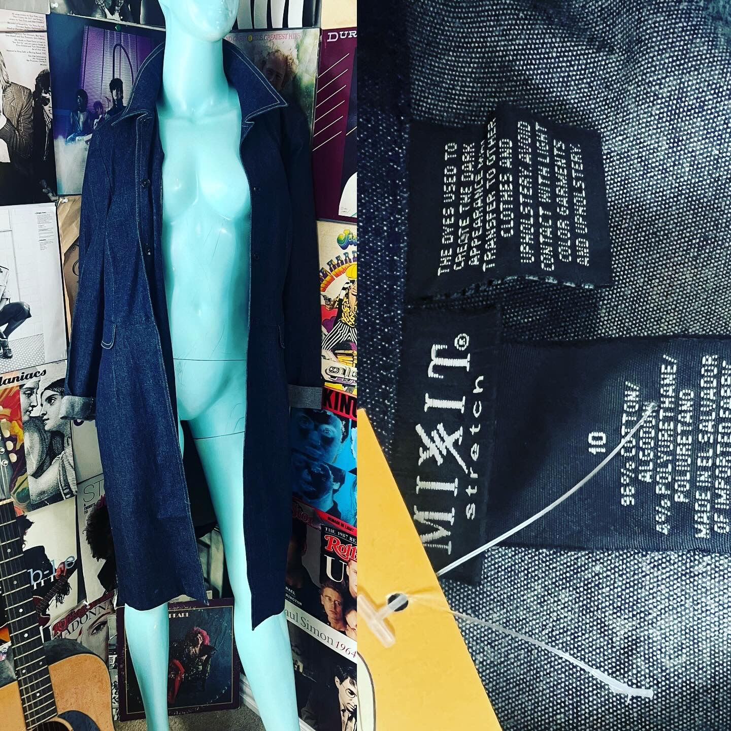 🔥VINTAGE 1980’s RARE MIX IT DENIM STRETCH LONG TRENCH POCKET JACKET COAT LIKE N