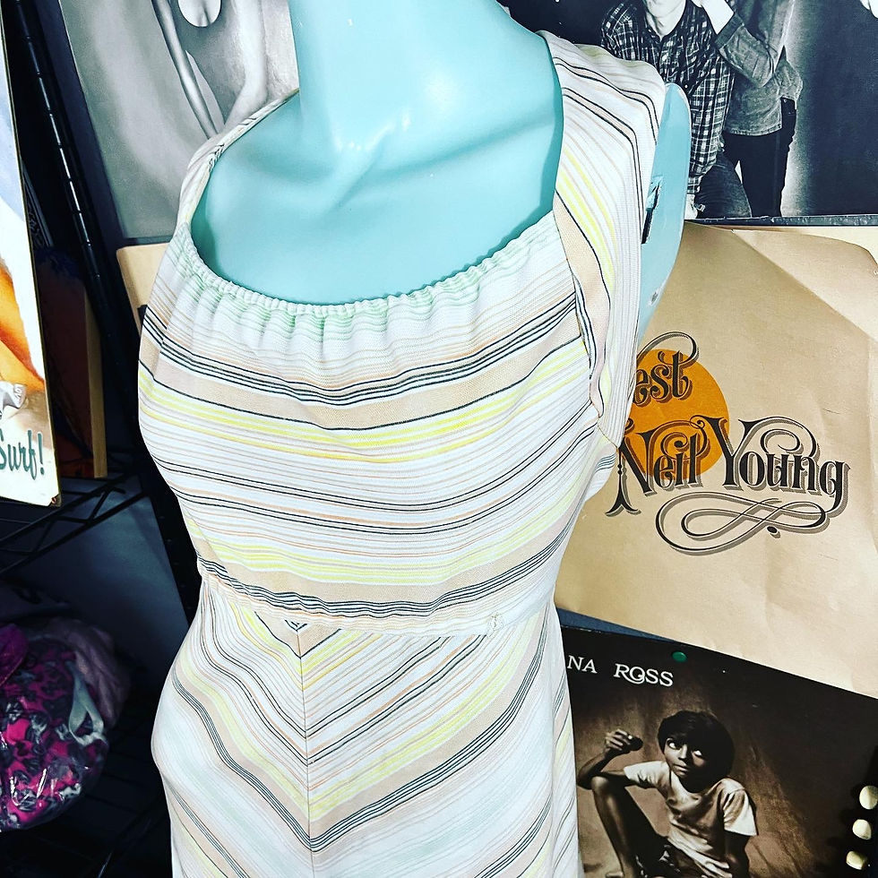 Thumbnail: VINTAGE 1970’s PASTEL PEACHY STRIPED CUT-OUT BACK DRESS M/L  SIZE: M/L Chest: 20