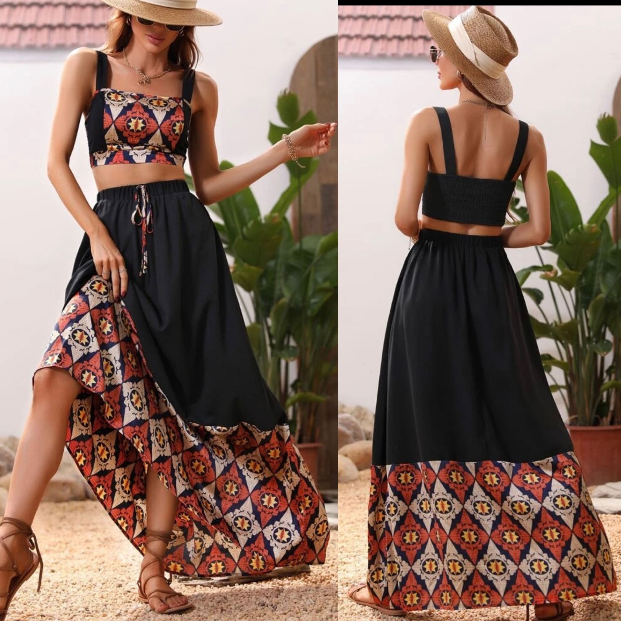 🔥NWOT BOHO 2-PIECE CROP AND SKIRT 1960’s STYLE MAXI SET. XL ORANGE BLACK YELLOW