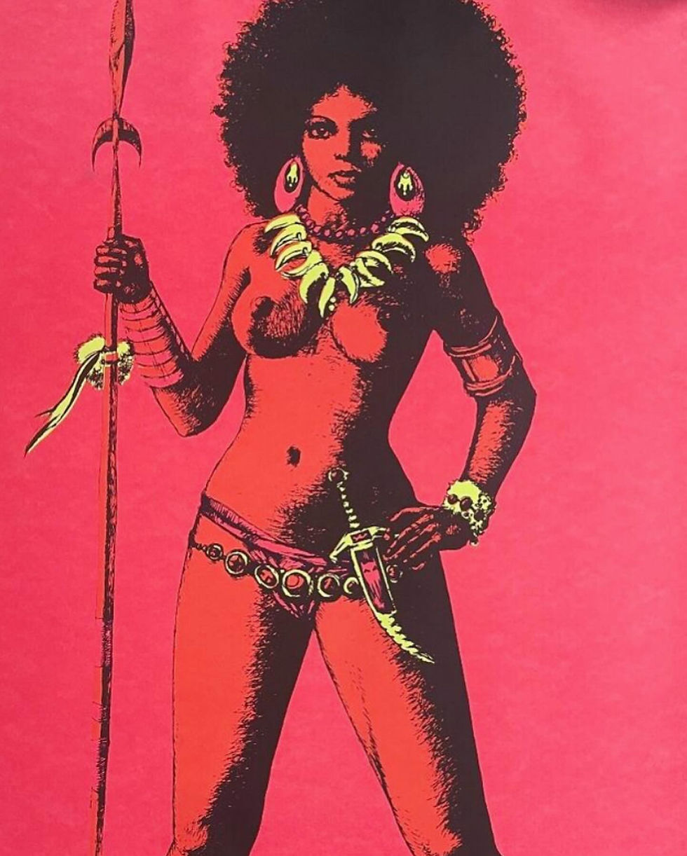 Thumbnail: ✌🏾RARE 1970 VINTAGE DEAD STOCK  BLACKLIGHT AFRICAN “WAR QUEEN” N