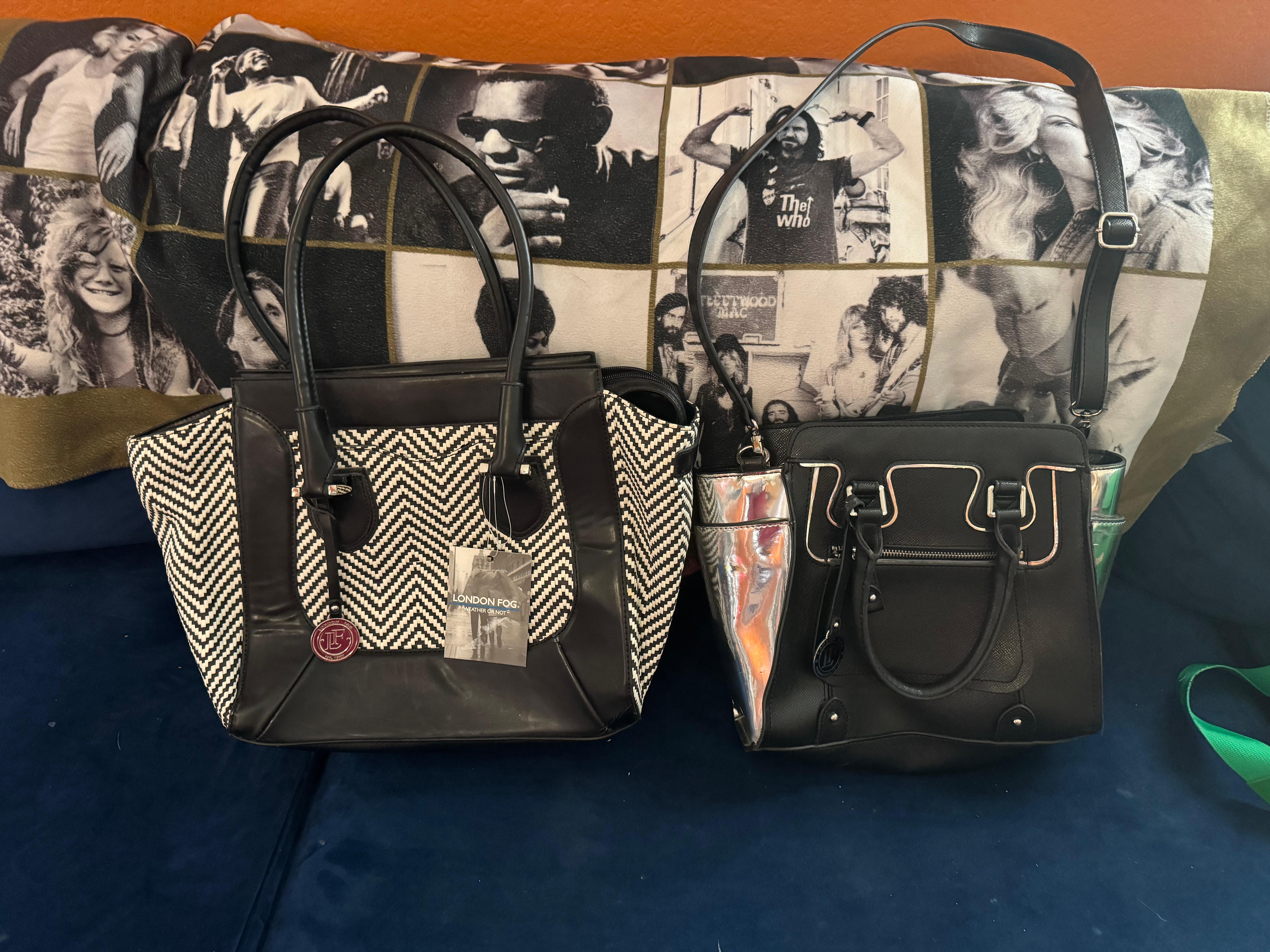 NWT & LIKE NEW LONDON FOG HIGH-END BLACK WHITE AND SILVER TRAVEL BAGS PURSE TOTE