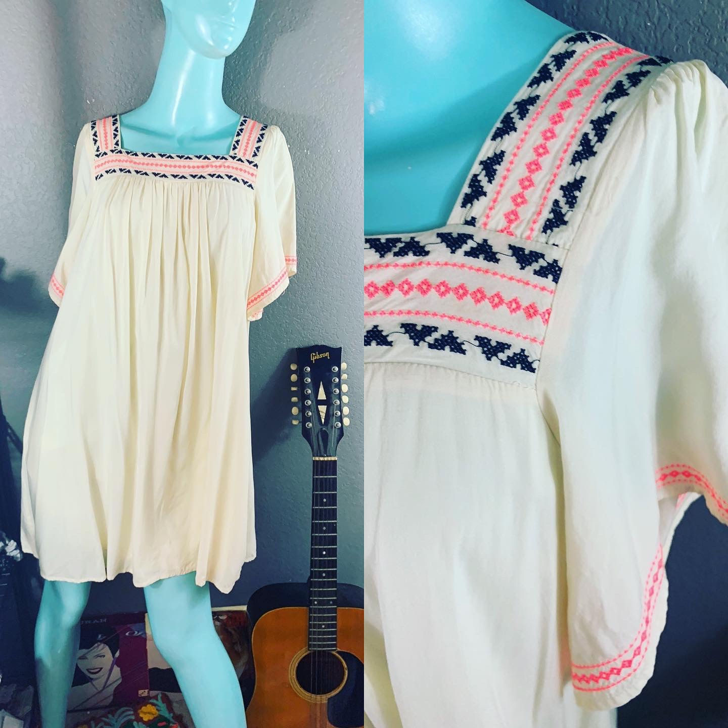 NWOT YA Los Angeles Boho Hippie Peasant Top with Neon Embroidery Tunic OR Dress