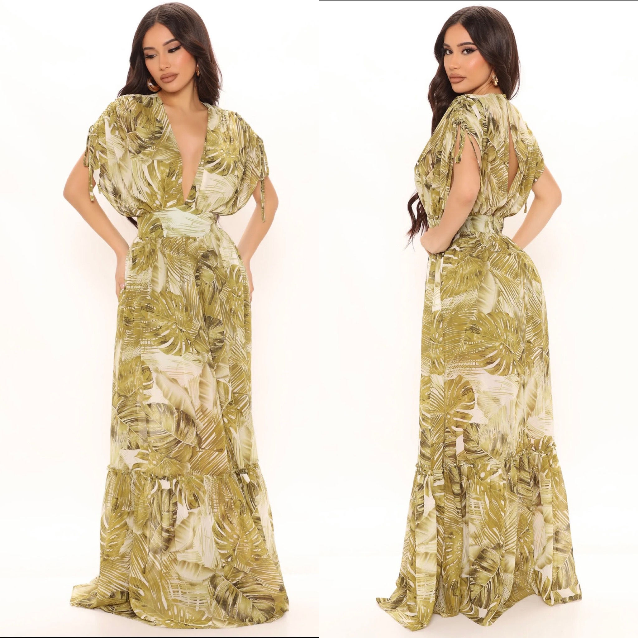 NWT CHIFFON FASHION NOVA PALM TREE LAYERED TROPICAL MAXI DRESS L Size: Large Se