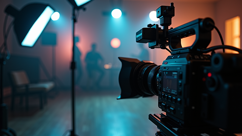 Close-up view of camera and lighting equipment in a video production studio