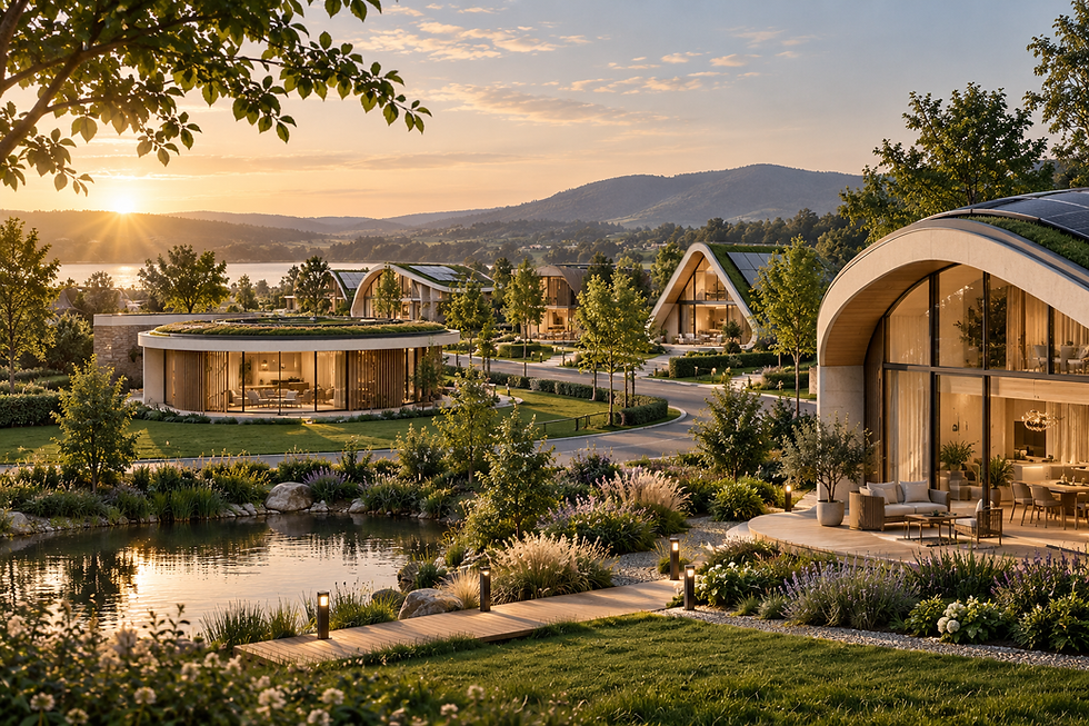 Modern homes on residential development land at sunset.