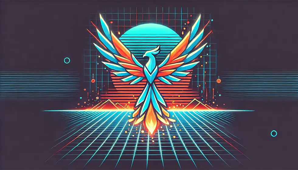 A glowing neon phoenix rising from ashes in a retrofuturistic style, symbolizing the renewal and motivation that one-on-one meetings inspire.