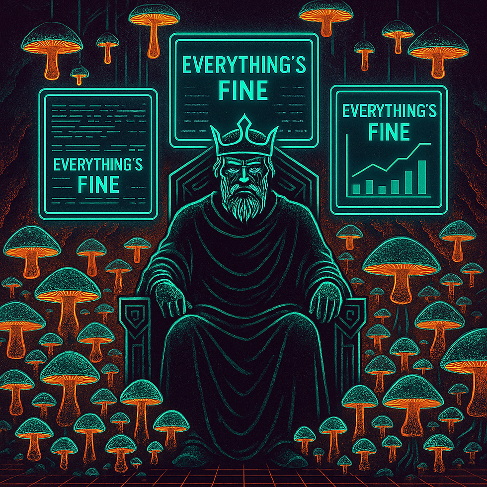 A stylized king figure sits surrounded by glowing mushrooms, with screens repeating “Everything’s Fine,” representing fake confidence amidst growing problems.
