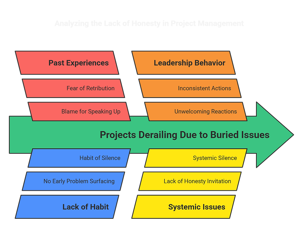 An infographic showing how past experiences, leadership behavior, and systemic issues cause buried problems that derail projects, despite stated desires for transparency.