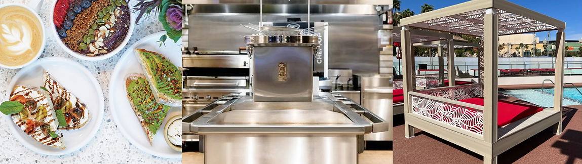 Banner images with white plates with avocado toast & smoothie bowls, equipment in commercial kitchen, and a poolside cabana
