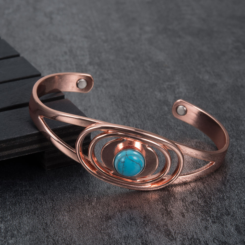 Magnetic Pure Copper Bracelets Blue Stone Oval Adjustable Open Cuff Bangle