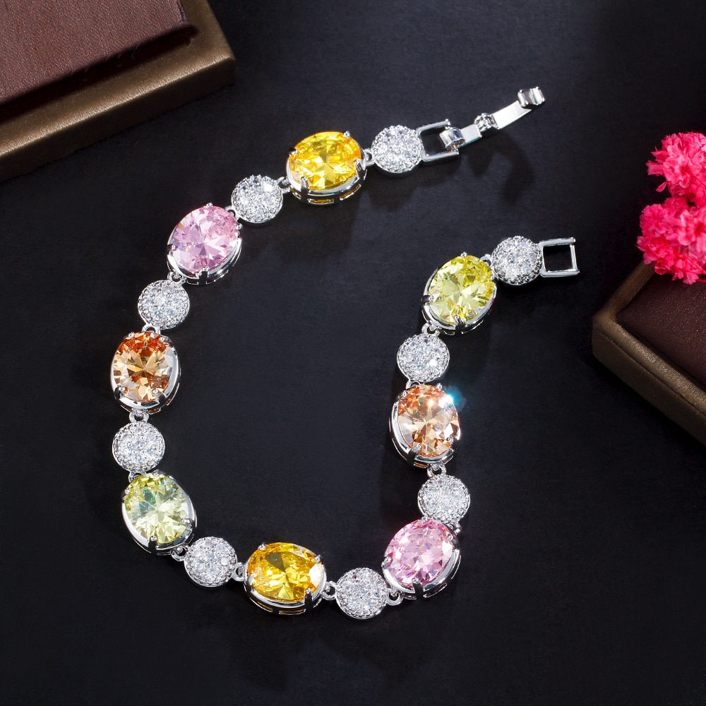 Beautiful Multi Color Big Round Oval Cubic Zirconia Chic Engagement Bracelet