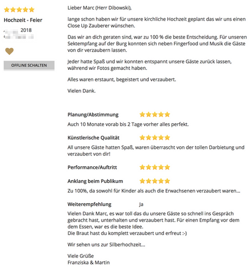 5-Sterne Bewertung von Franziska & Martin zur Hochzeit