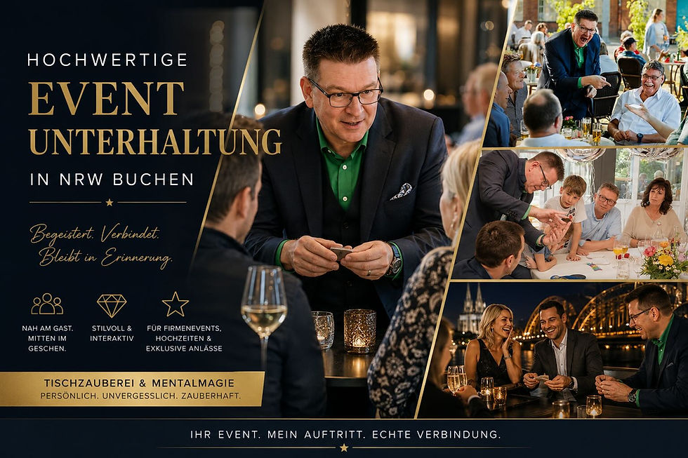 Marc Dibowski mit Zauberer Marc bei Eventgästen; Text: Hochwertige Eventunterhaltung in NRW buchen, Tischzauberei & Mentalmagie.
