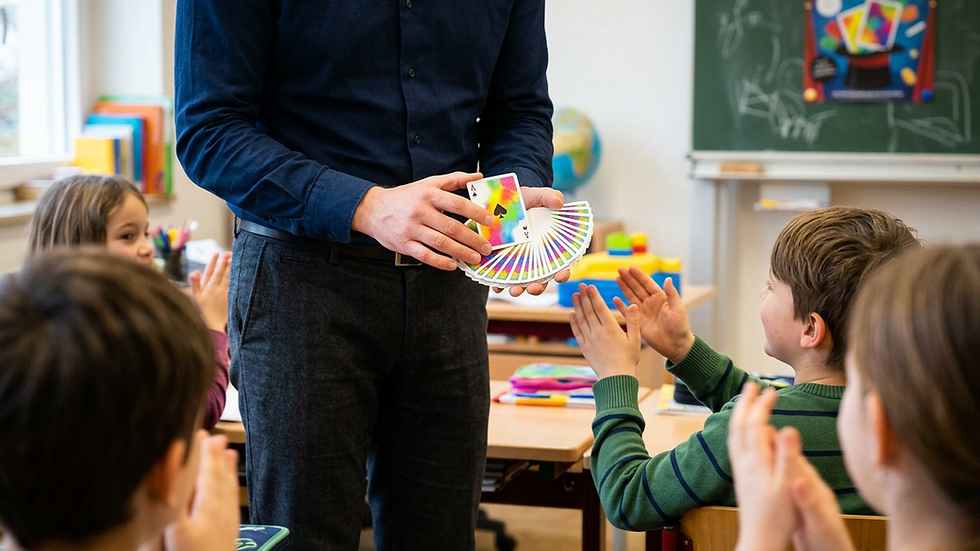 Eye-level view of a magician demonstrating card tricks in a cozy classroom