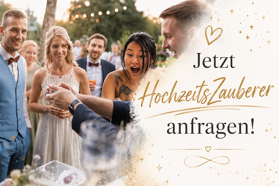 Hochzeitsgäste staunen über einen Zaubertrick; rechts steht Jetzt HochzeitsZauberer anfragen!