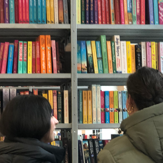 Teenage girls in bookshop seen at the back looking at books.What to choose?