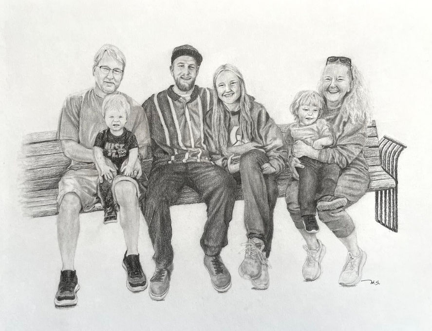 Pencil drawing family of six sitting on a bench smiling while huddled together