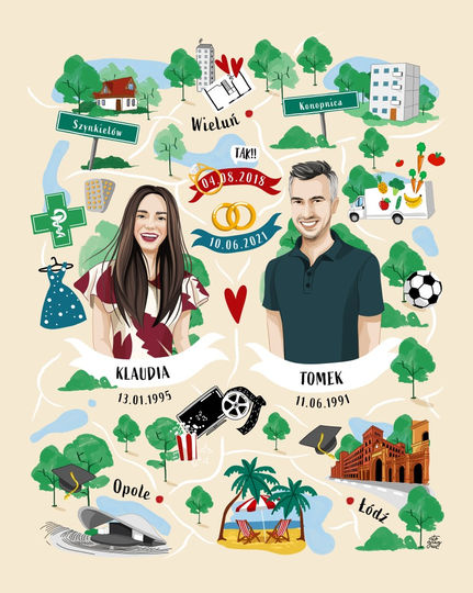 Artysta portrecista oferuje różnorodne portrety, w tym ilustrowane portrety, ilustracje portretowe oraz portrety artystyczne. Można znaleźć zarówno cyfrowe, jak i tradycyjne portrety, które są zarówno realistyczne, jak i stylizowane. Wszystkie portrety są dostępne na zamówienie, zapewniając unikalne i indywidualne ilustracje. Oprócz rysowania portretów, artysta specjalizuje się również w tworzeniu ilustrowanych mapek. Portrety te są doceniane w świecie sztuki, a ich wyraziste i kreatywne cechy czynią je niezwykłymi. Znajdują się wśród nich również portrety rodzinne oraz portrety ślubne,portrety na podziękowania dla rodziców, a także stosowane w promocji marki osobistej. Warto również zauważyć, że te artystyczne portrety są dostępne na sprzedaż, umożliwiając posiadanie wyjątkowego dzieła sztuki w swojej kolekcji.