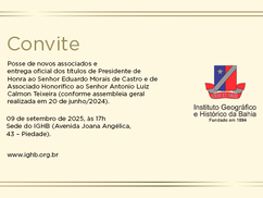 Posse de novos associados e entrega de títulos de presidente de honra e associado honorífico do IGHB acontecem dia 9 de setembro