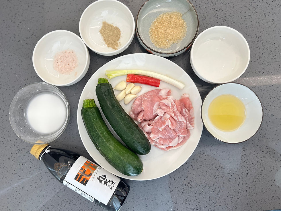武雄丸大豆醬油櫛瓜炒松阪豬
松阪豬
櫛瓜
蒜頭
辣椒
青蔥
武雄丸大豆醬油
米酒
紅糖
白胡椒粉
鹽
地瓜粉水
玄米油