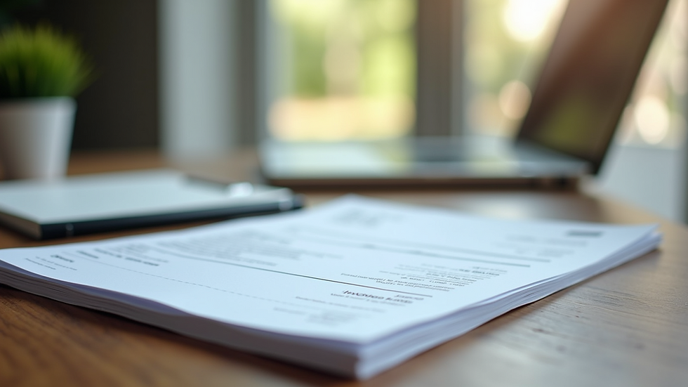 Close-up view of a stack of invoices on a wooden table