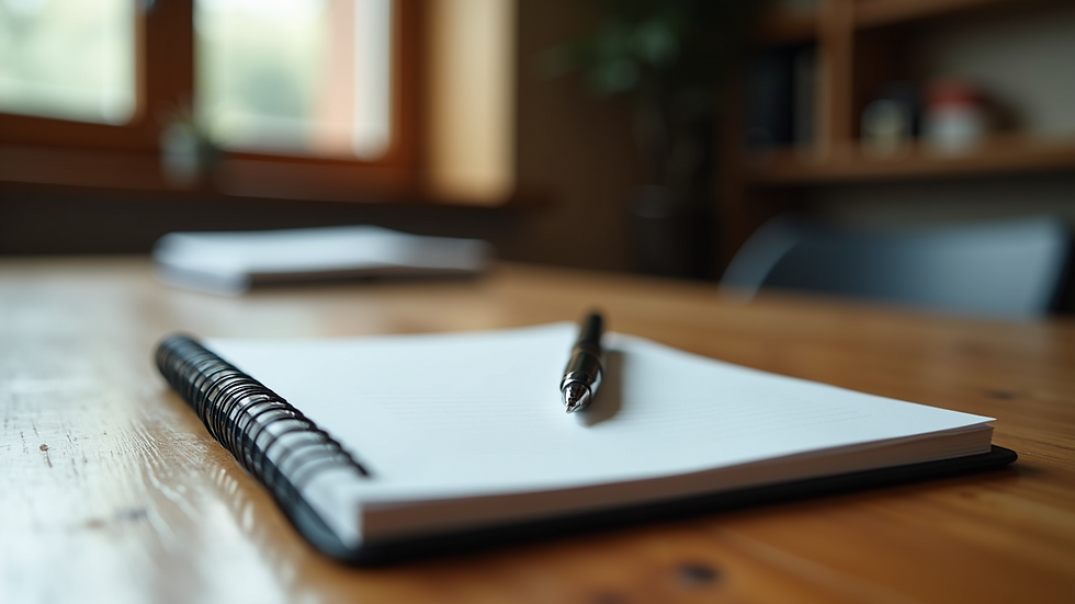 Eye-level view of notebook and pen on a wooden table