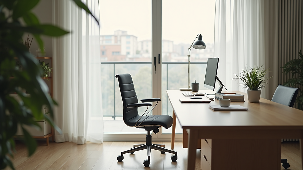Wide angle view of a peaceful workspace with desk and chair