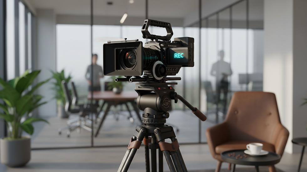 Eye-level view of a professional video camera on a tripod in a corporate office