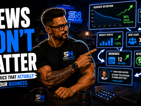 Comic-book style illustration of a professional filmmaker analyzing video marketing analytics, audience retention, leads, and revenue to measure the success of a business video rather than focusing on views alone.