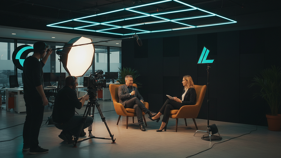 Wide angle view of a video production team filming a corporate interview in an office