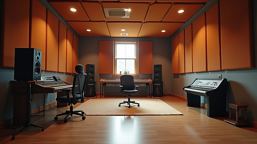 Wide angle view of a quiet recording studio with soundproofing materials
