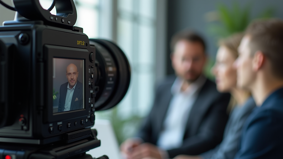 Close-up view of a video camera filming a corporate interview