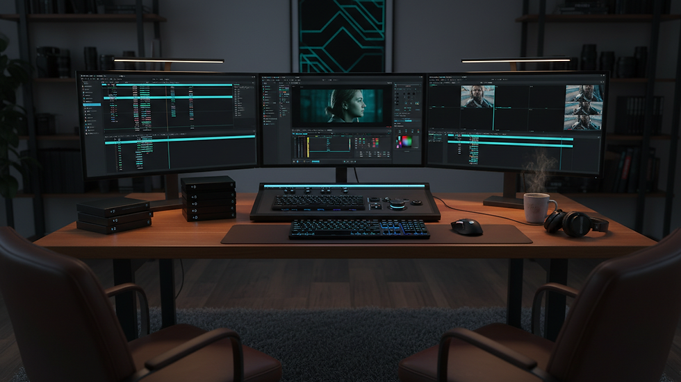 Wide angle view of a video editing suite with multiple screens showing different video timelines